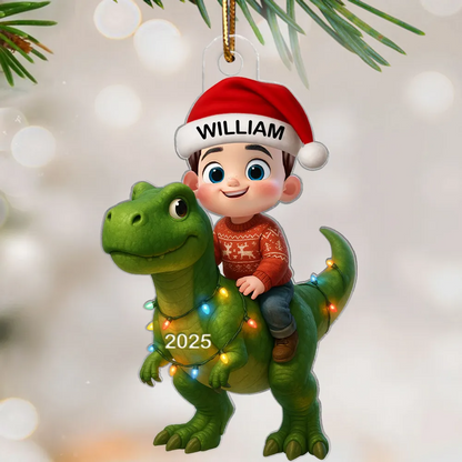 Süßes Kind mit Dinosaurier – Personalisierte Acryl-Weihnachtsanhänger – Lustiges Geschenk für Kinder & Enkel