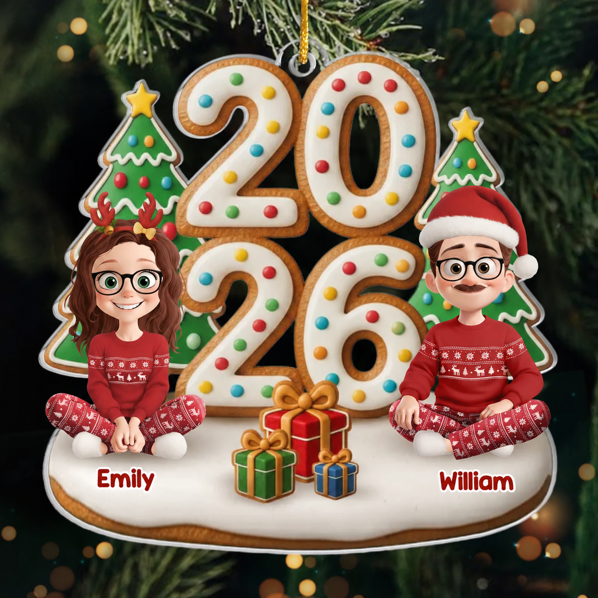 2025 Familie-Eltern mit Kinder, Hund und Katze Acrylornament Christbaumschmuck