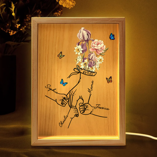 Holzrahmen-Lichtbox mit Geburtsblumen und Händen Geschenk für Mama und Oma