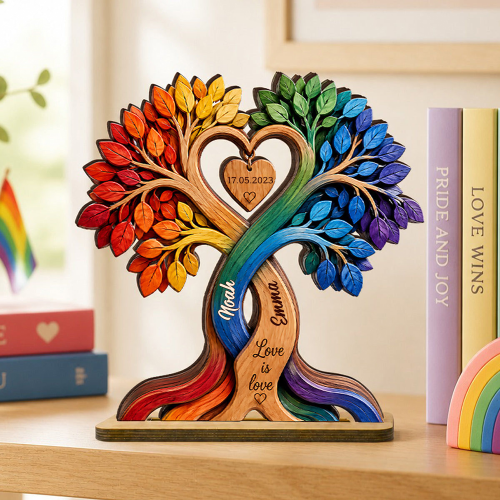 Regenbogen Herzbaum mit Namen und Jahrestag Personalisierter Holzaufsteller für Paar