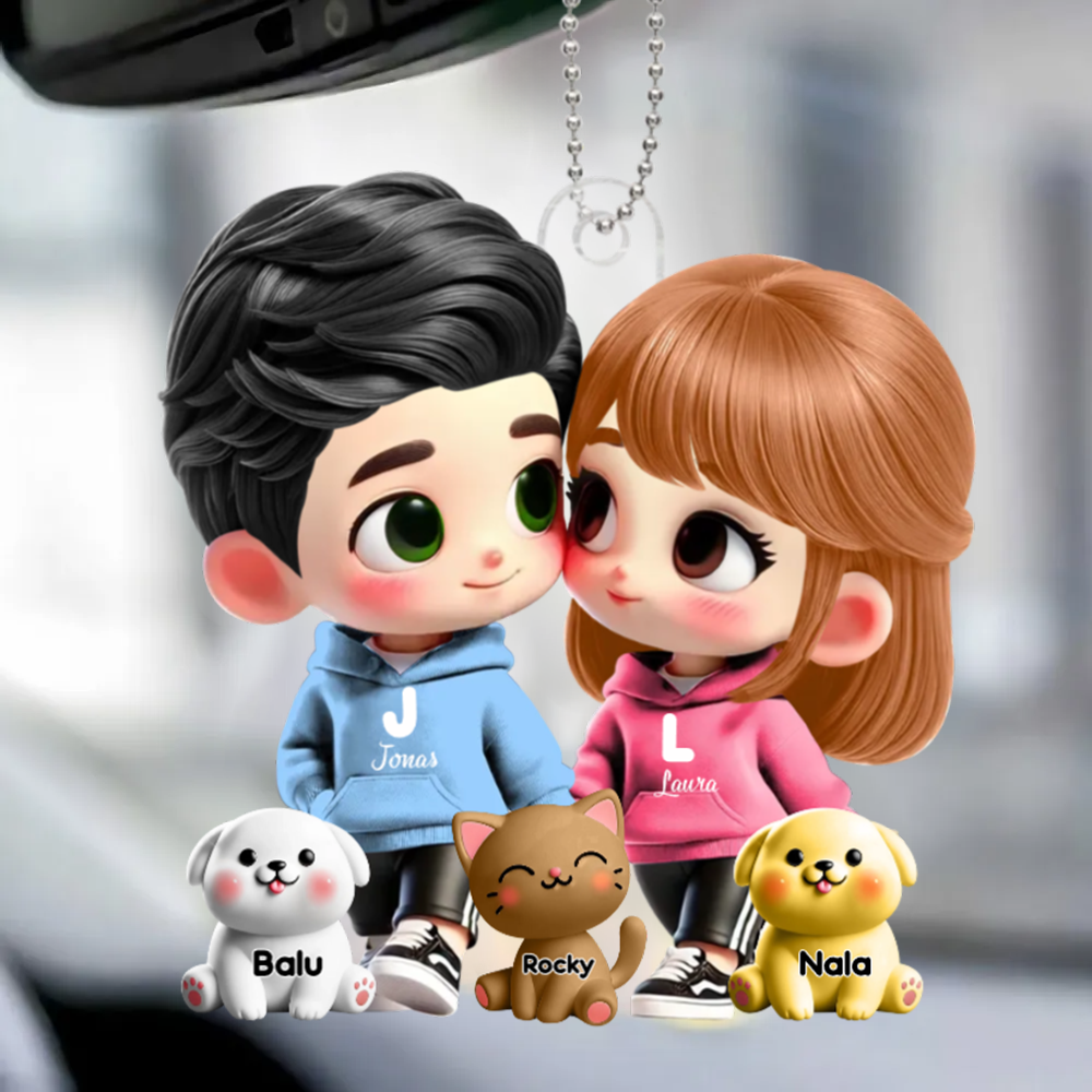 Cartoon-Paar mit Haustieren- Personalisierter Autoanhänger Geschenk für Paar