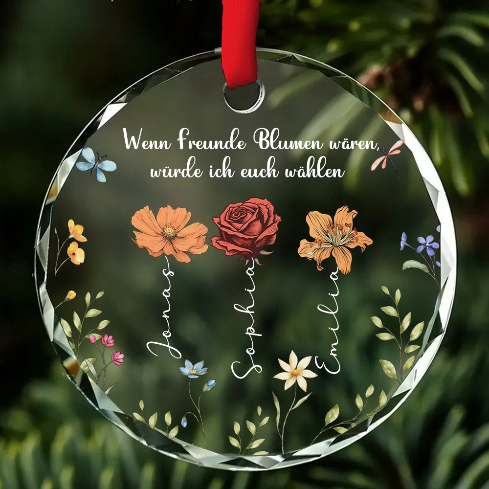 Personalisierter Glas-Weihnachtsanhänger für Freunde mit Geburtsblumen