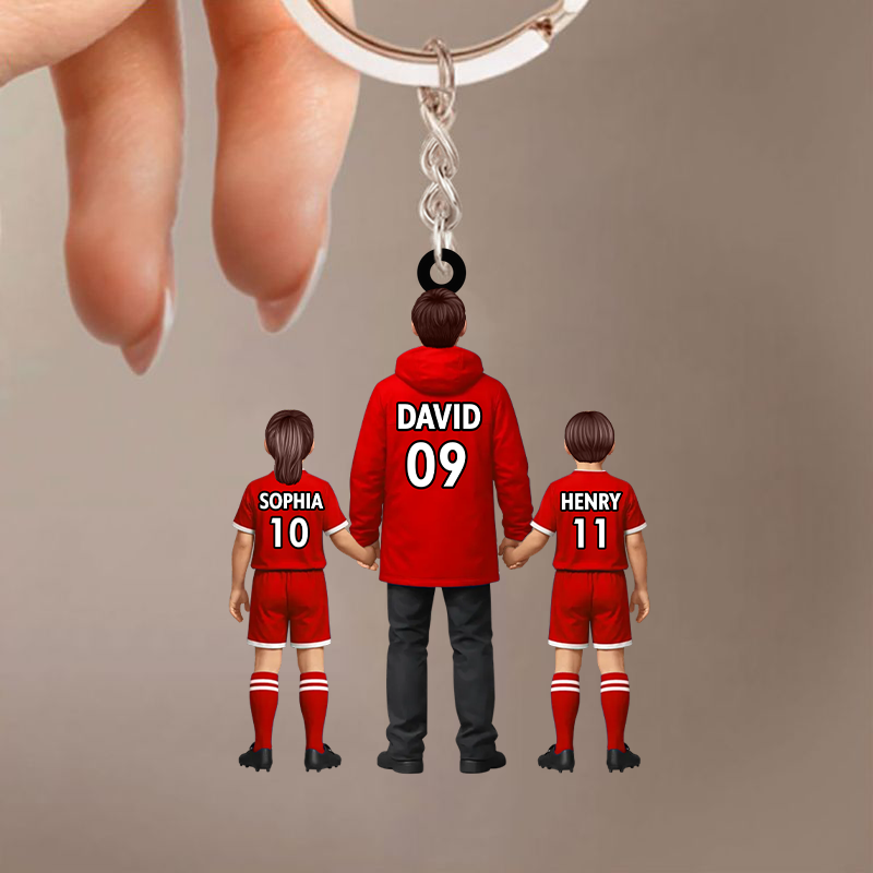 Papas Fußballteam- Personalisierter Acrylschlüsselanhänger mit Mann und Kinder