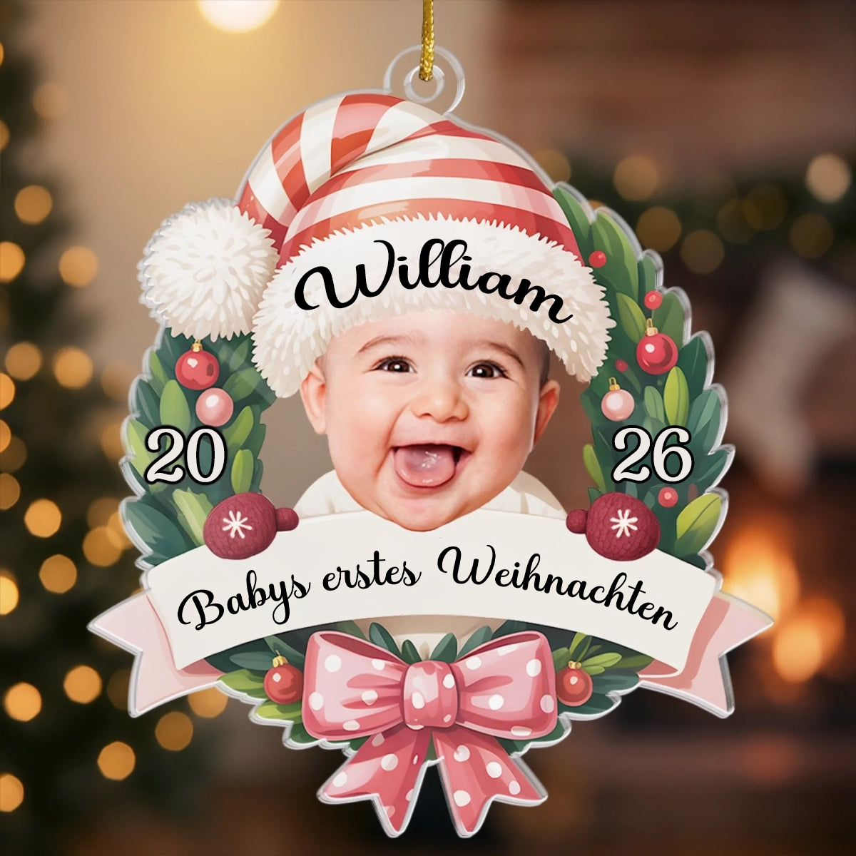 2025-Baby-Ornament mit Schleife Personalisierter Acrylanhänger mit Foto und Name Babys Erstes Weihnachten