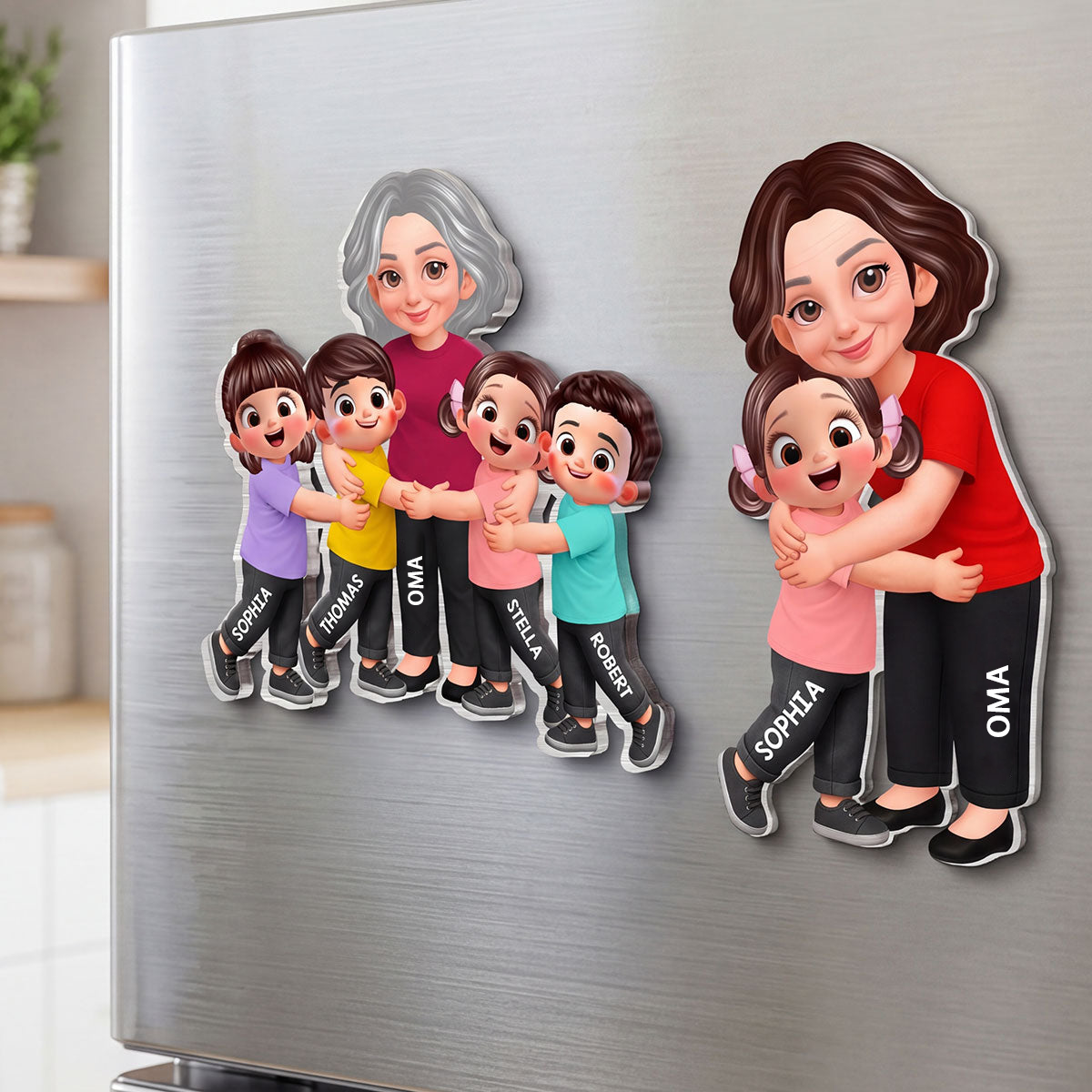"Oma und Enkelkinder" Acryl-Kühlschrankmagnet mit Figuren und Namen