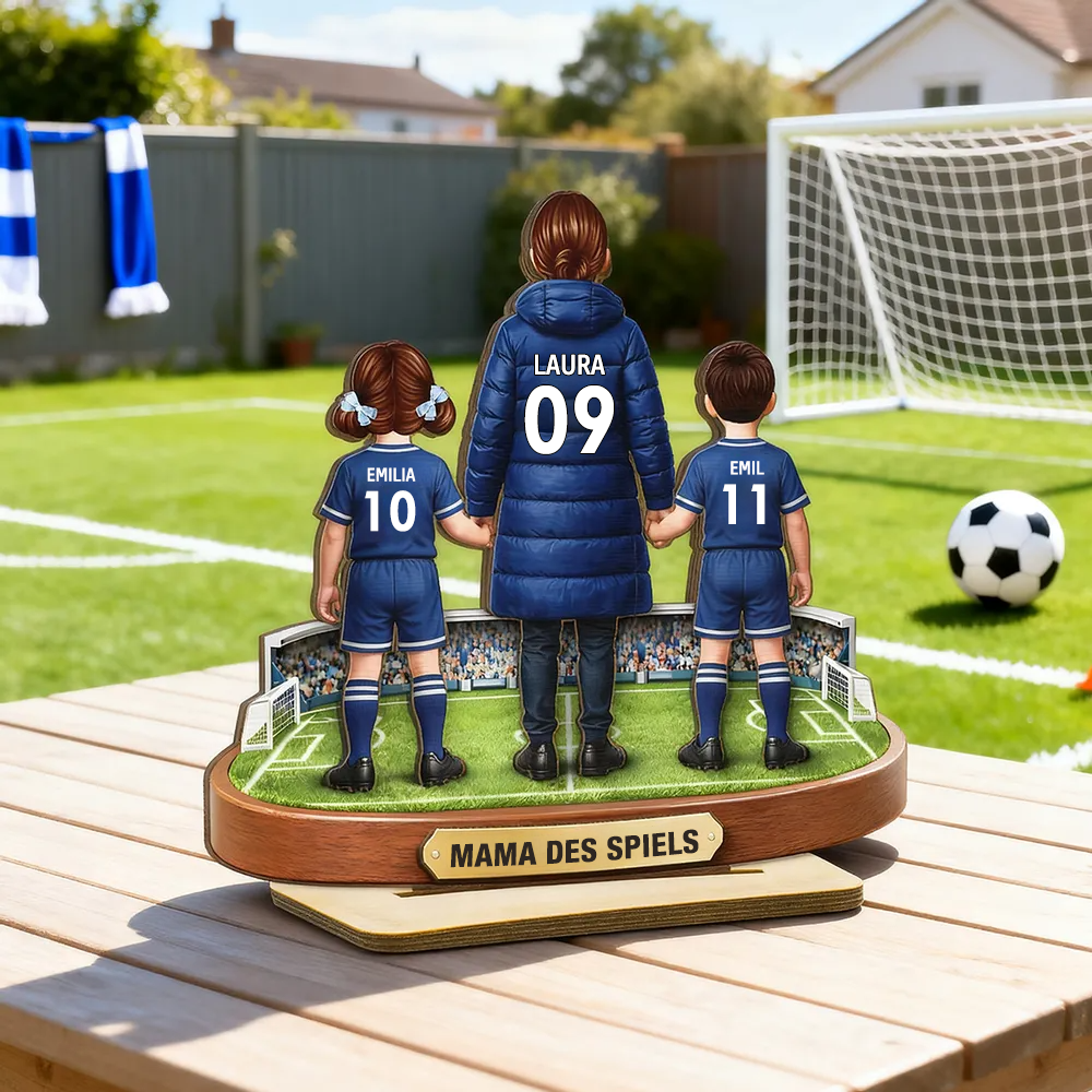 Mama und Kinder mit Fußballmotiv Personalisierter Holzaufsteller