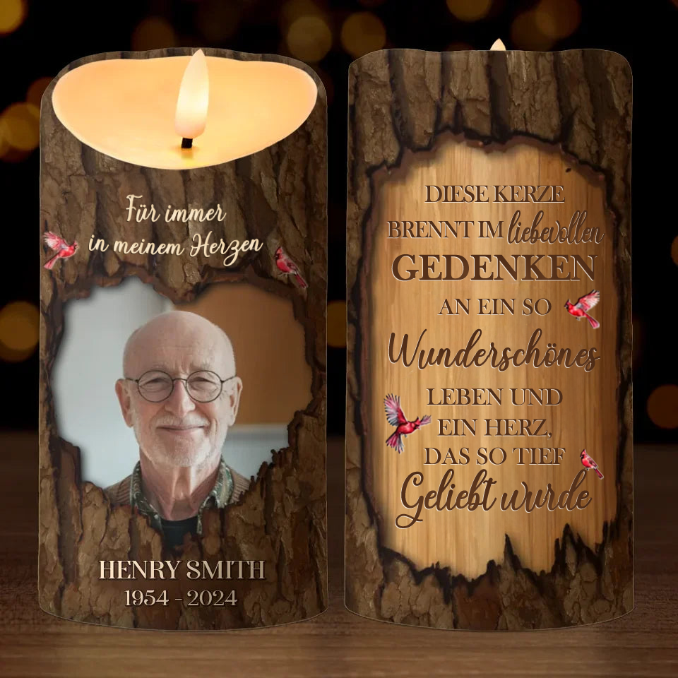 Personalisierte LED-Kerze mit Holzmaserungsmuster Trauerkerze