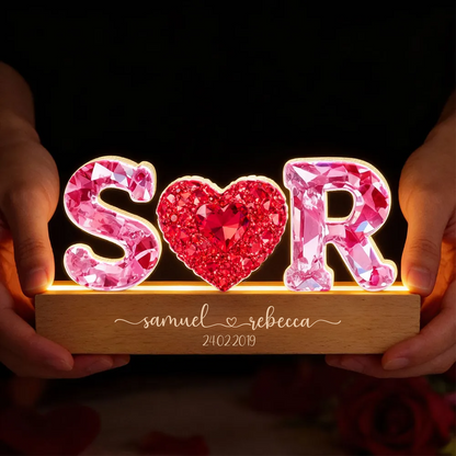 Rosa Herz - Personalisierte LED-Nachtlicht mit 2 Buchstaben für Paar
