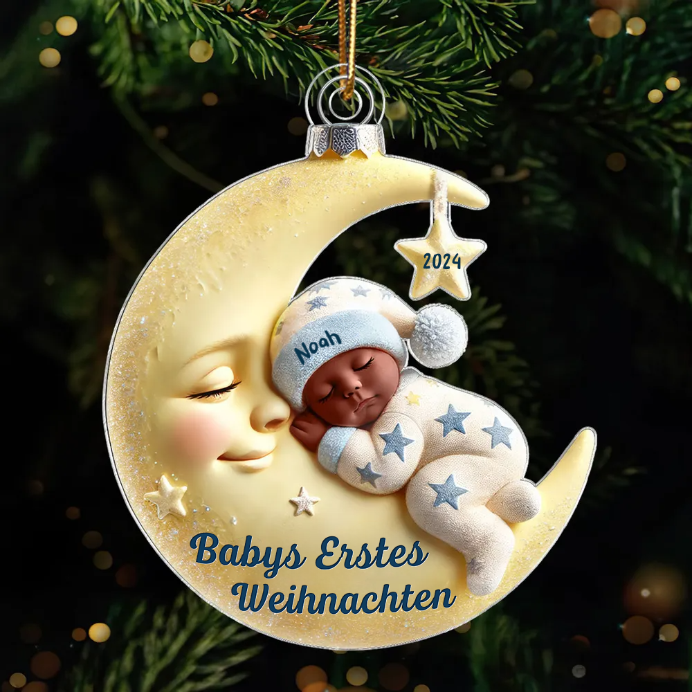 Babys erstes Weihnachten – Personalisierter Acryl-Anhänger „Baby auf Mond“