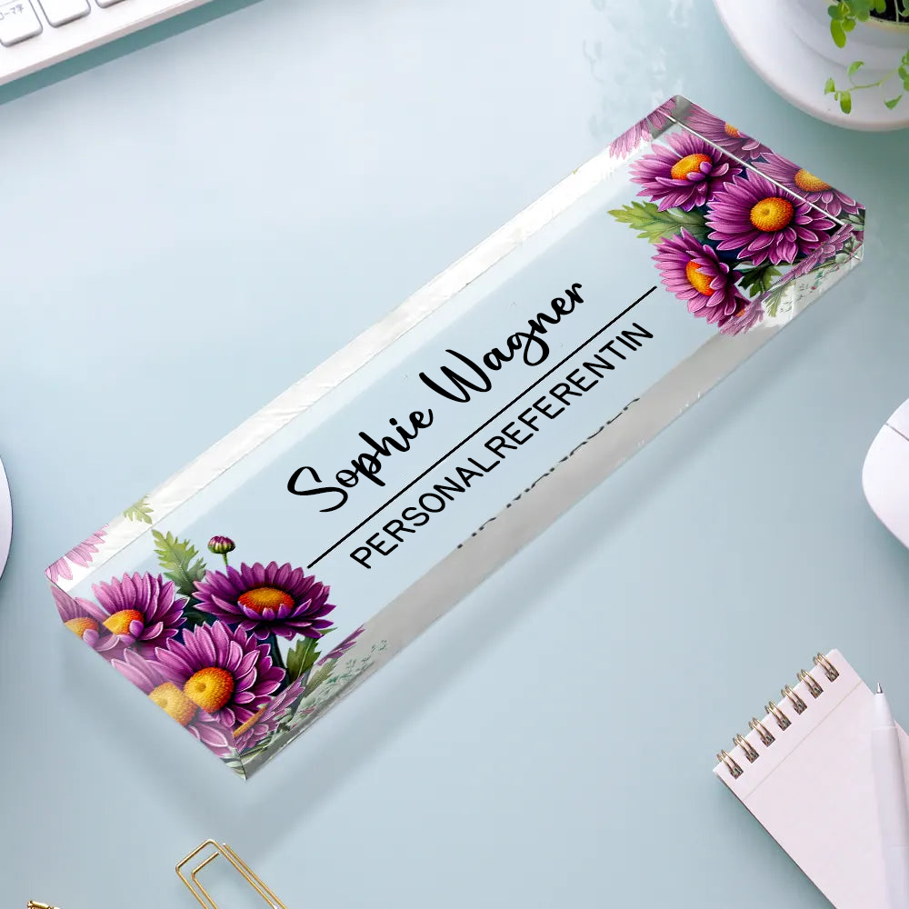 Personalisierter Acrylblock mit Geburtsblumenstrauß und Name, Büro-Geschenk für Kolleginnen & Kollegen