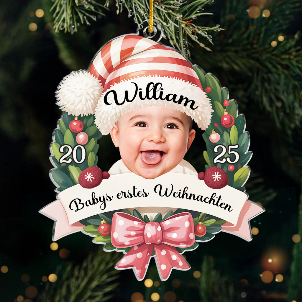 2025-Baby-Ornament mit Schleife Personalisierter Acrylanhänger mit Foto und Name Babys Erstes Weihnachten