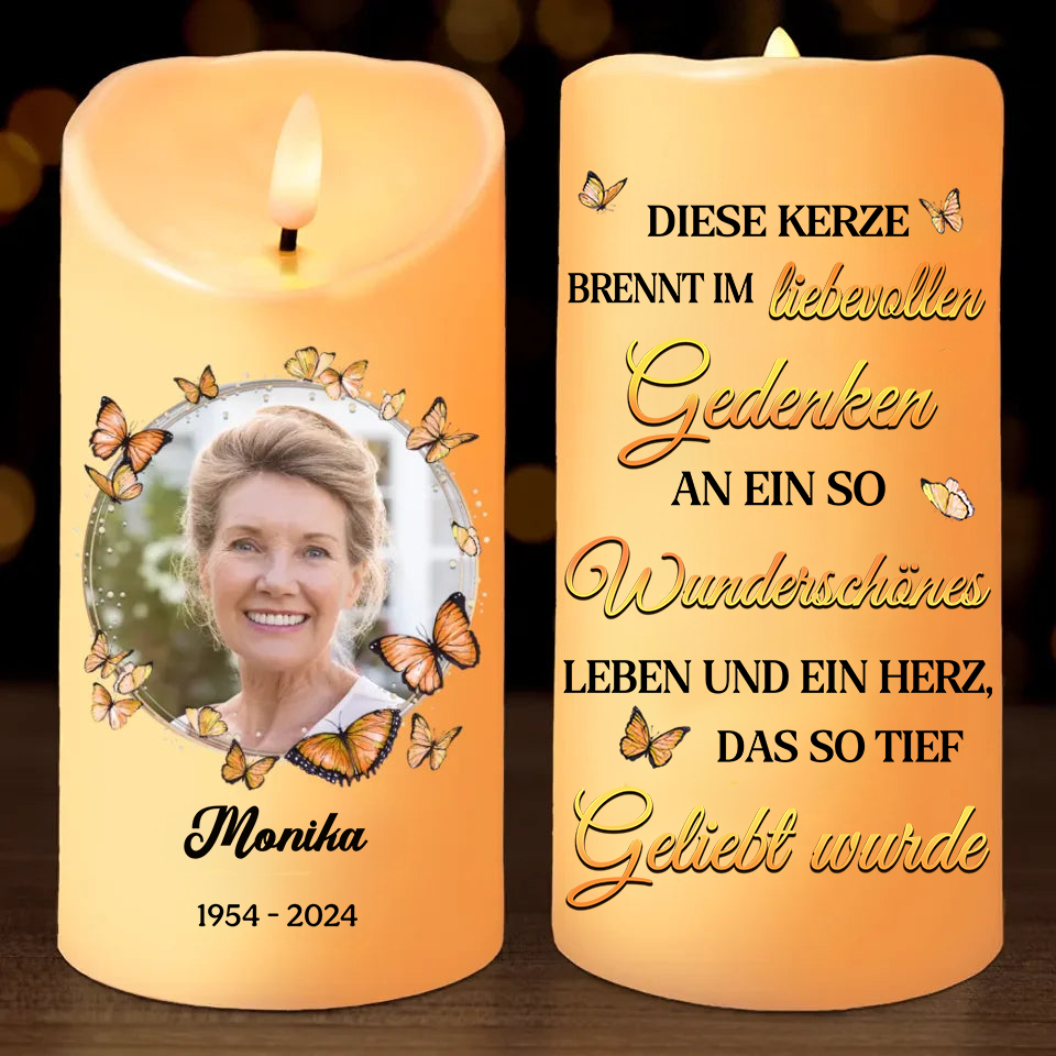 Personalisierte Trauerkerze mit Schmetterlingen LED-Kerze mit Foto