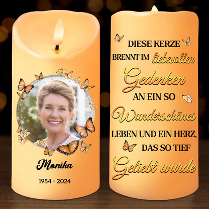 Personalisierte Trauerkerze mit Schmetterlingen LED-Kerze mit Foto
