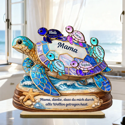 Schildkrötenmama/-oma mit Kindern-Personalisierter Holzaufsteller mit Namen und Text