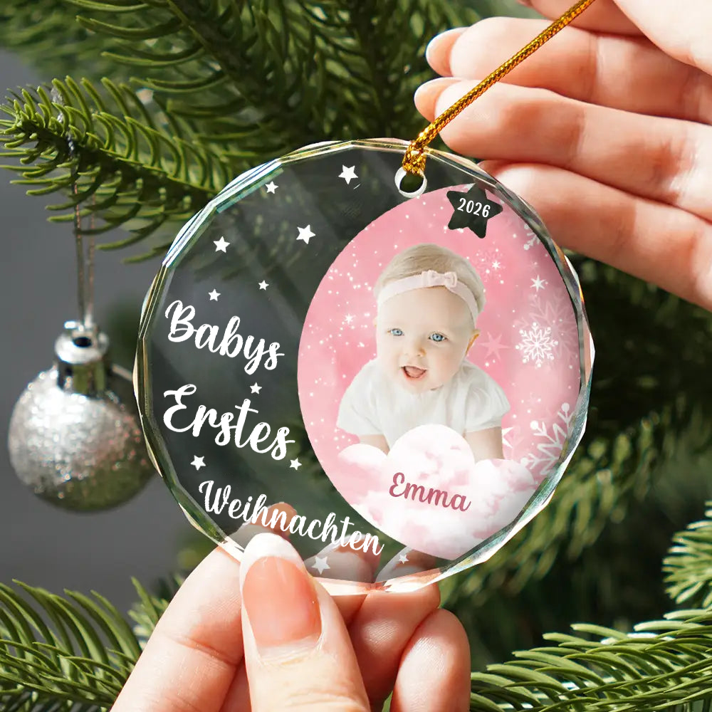 Personalisierter Glas-Weihnachtsanhänger mit Foto - Babys erstes Weihnachten