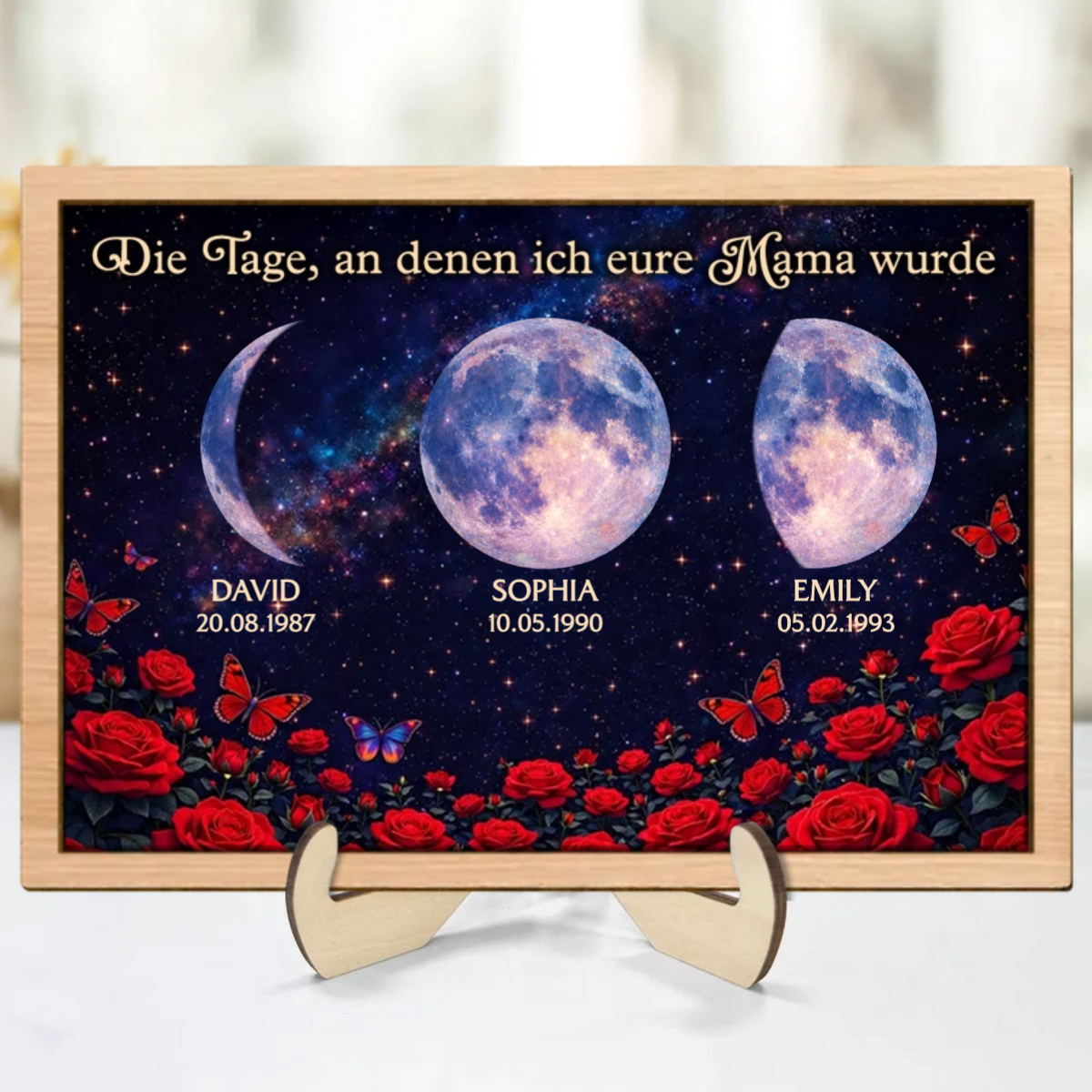 Rosen und Mondphasen - Personalisierter Holzaufsteller für Mama