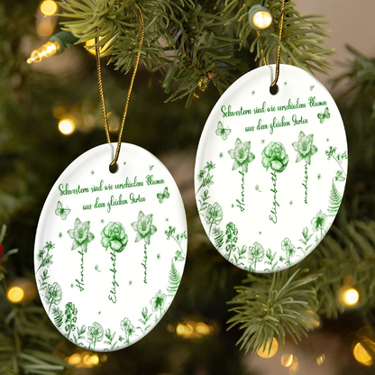 Personalisierte Keramik Ornament Christbaumschmuck mit Geburtsblumen Geschenk für Schwestern
