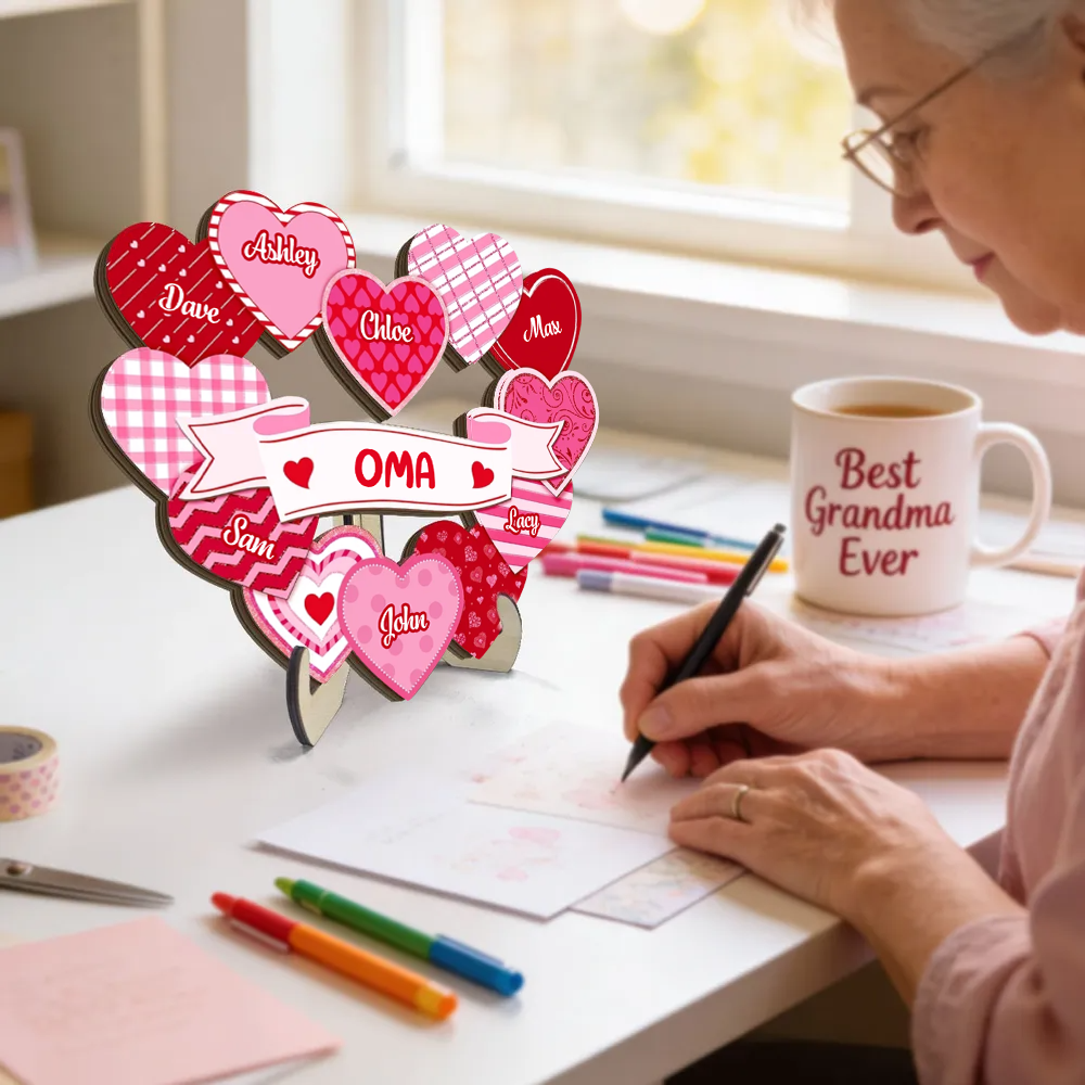 Omas Schätze-Personalisierter Holzaufsteller mit Herzen Geschenk für Mama und Oma