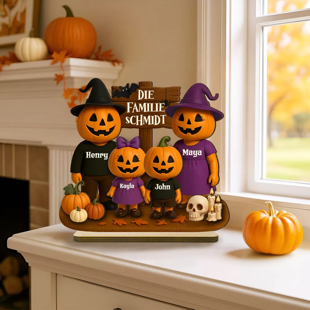 Halloween Familie mit Kürbissen - Personalisierte Holzplakette mit Namen