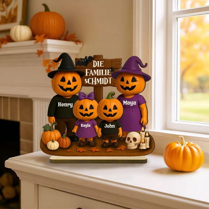 Halloween Familie mit Kürbissen - Personalisierte Holzplakette mit Namen