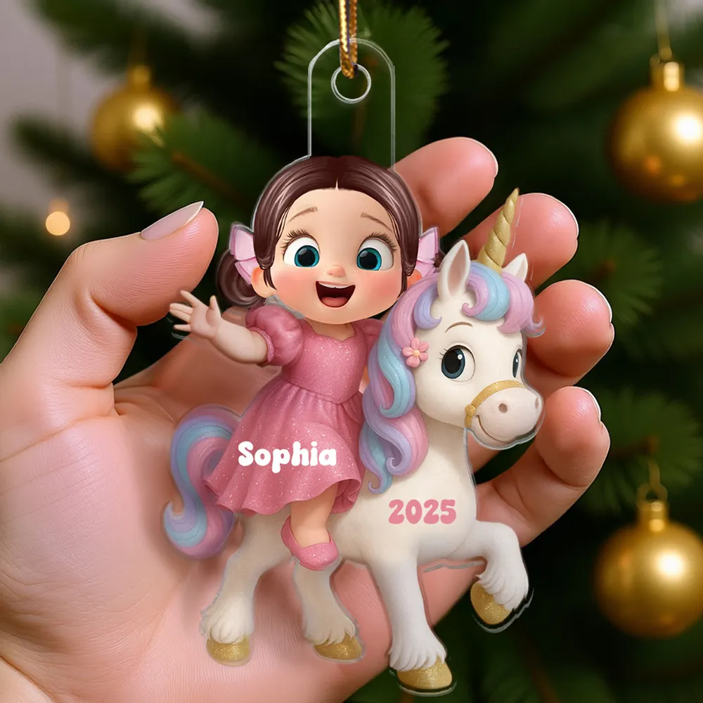 Cartoon-Kind mit Einhorn – personalisiertes flaches Acryl-Weihnachtsornament