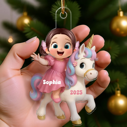 Cartoon-Kind mit Einhorn – personalisiertes flaches Acryl-Weihnachtsornament