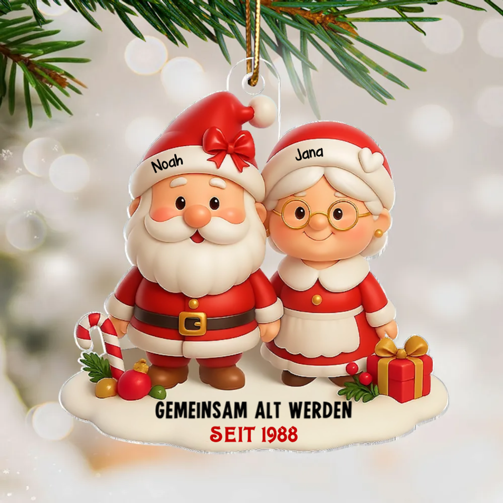 „Gemeinsam alt werden“ – Personalisierter Acryl-Christbaumanhänger mit Weihnachtsmann-Paar