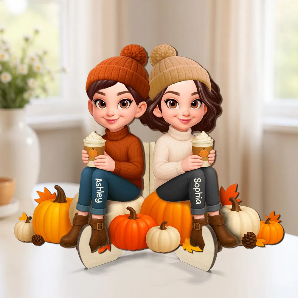 Personalisierte Holztafel mit Frauen auf Kürbissen Geschenk für Freundinnen und Schwester