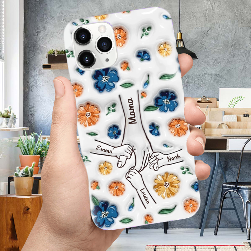 Hand-in-Hand Silikonhandyhülle für iPhone und Samsung mit Namen und Blumen Geschenk für Mama und Oma