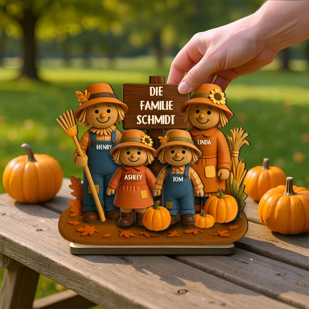 Vogelscheuchen und Kürbisse - Personalisierte Holztafel für Familie
