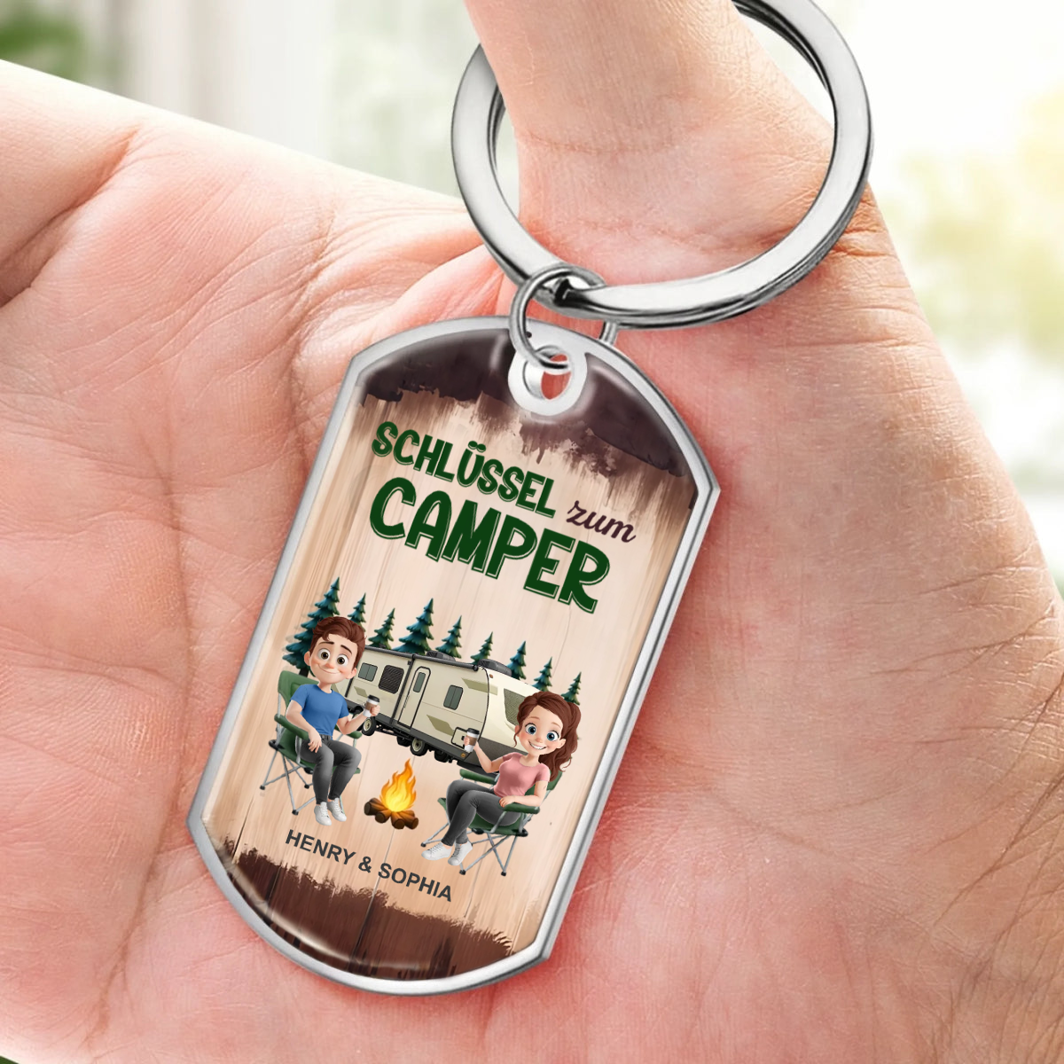 "Camping-Paar" Personalisierter Edelstahl-Schlüsselanhänger mit Expoxidharz
