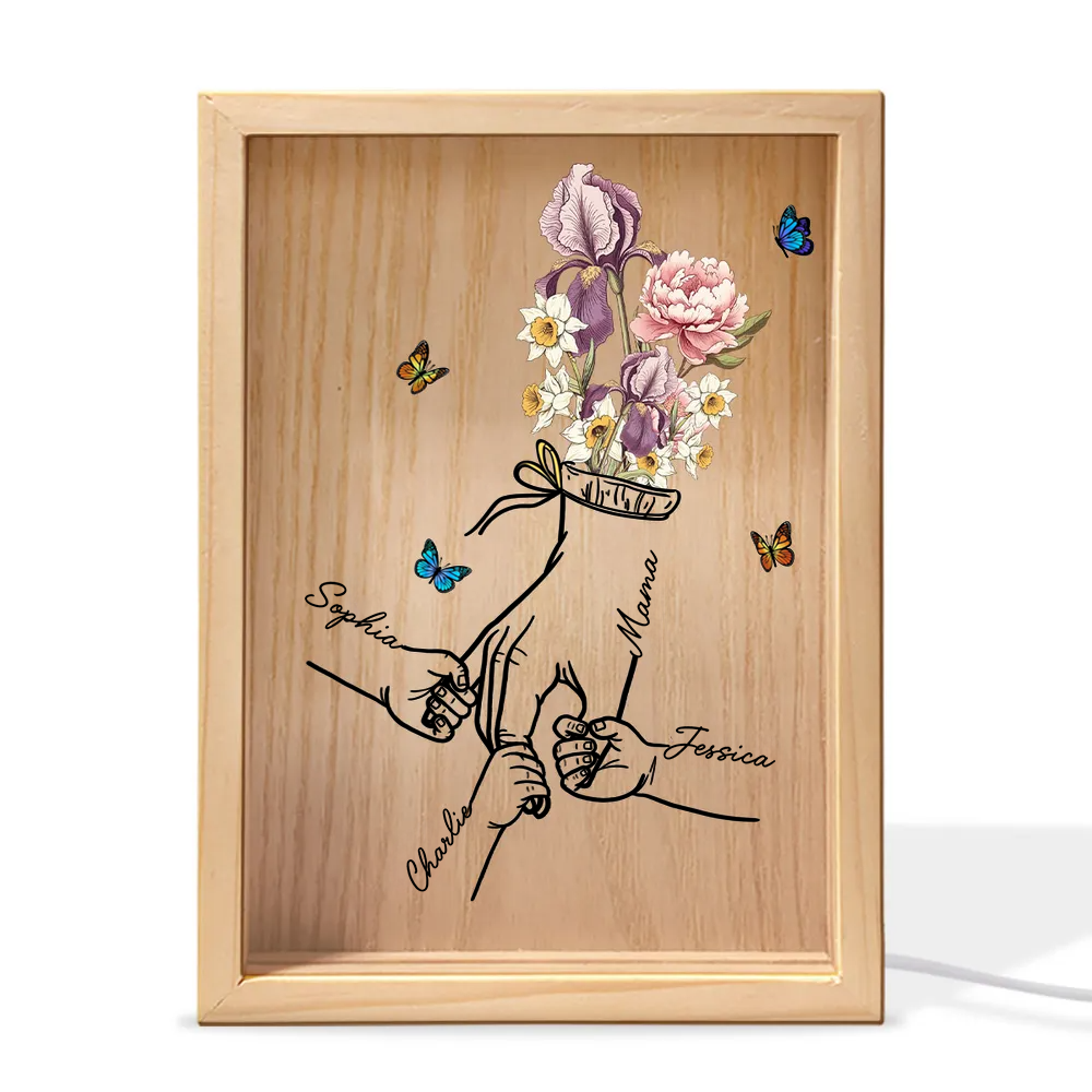 Holzrahmen-Lichtbox mit Geburtsblumen und Händen Geschenk für Mama und Oma