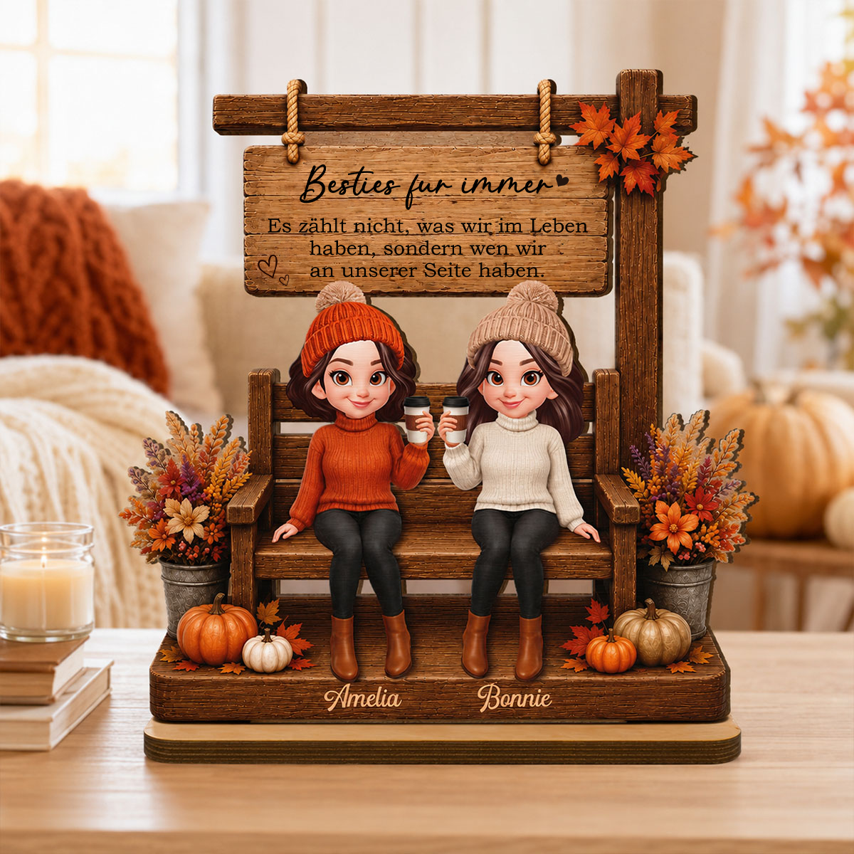 Personalisierter Holzaufsteller für beste Freundinnen & Schwestern – Herbstmotiv
