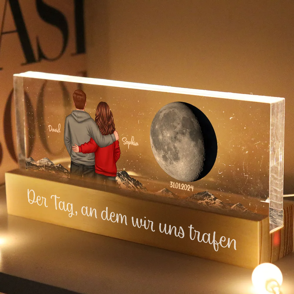 Paar unter dem Mond-Personalisierte LED-Nachtlicht mit Mondphase, Paar und Text