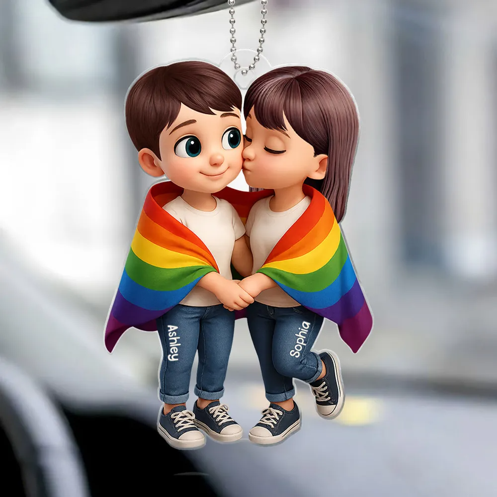 Paar mit Regenbogendecke-Personalisierter Autoanhänger aus Acryl Geschenk für LGB-Paare