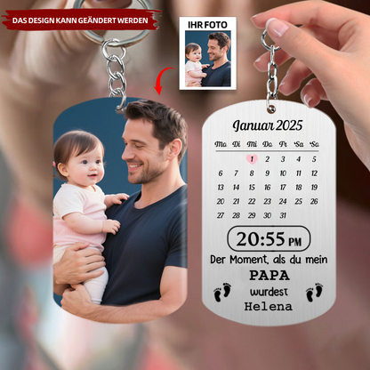 Der Moment als du... Edelstal-Schlüsselanhänger mit Foto, Datum und Name Geschenk für Papa und Mama
