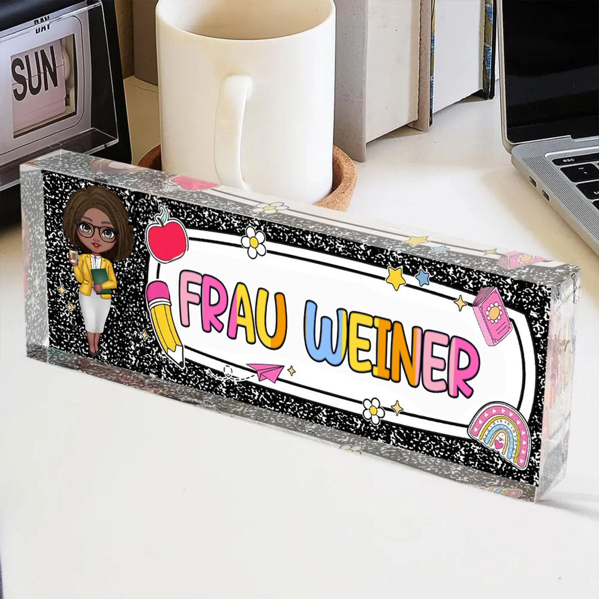 Personalisierte Acryltafel mit Figur und Name Geschenk für Lehrerin und Mitarbeiterin