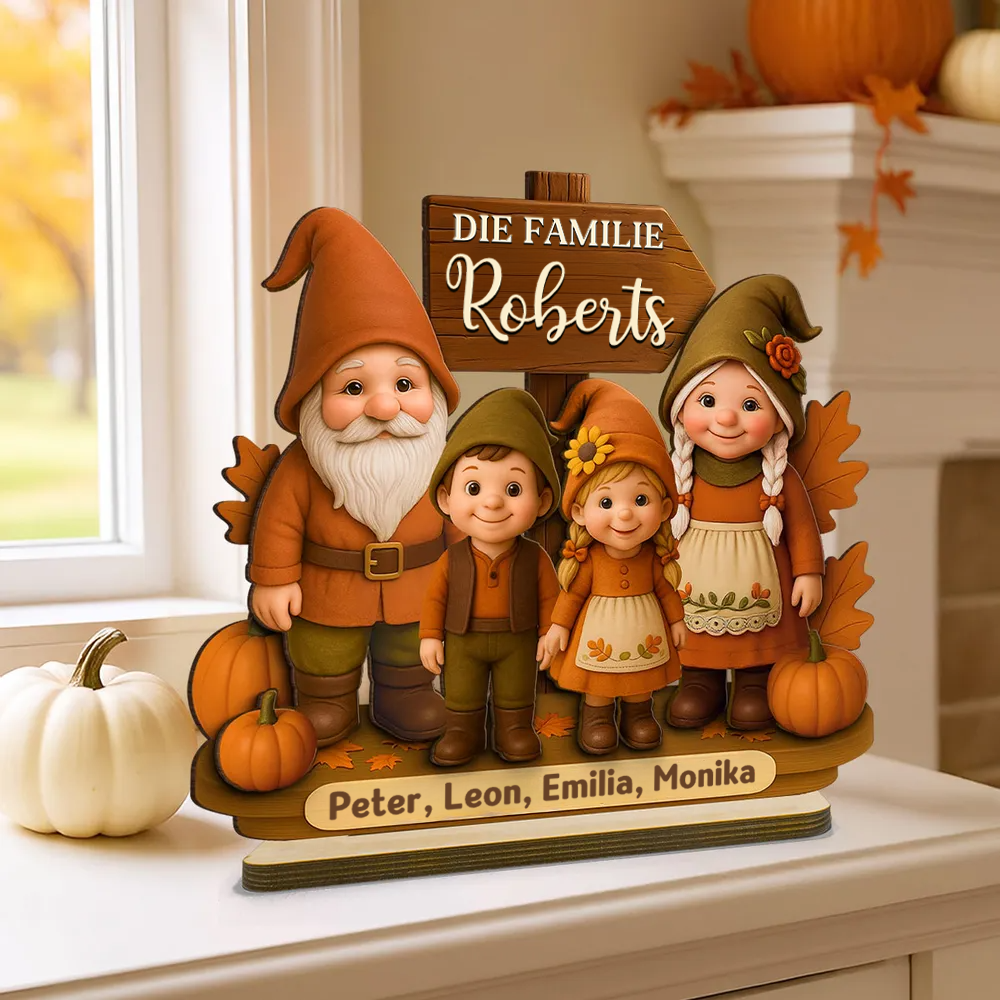Gnomenfamilie Herbstsaison Holzplakette mit Namen