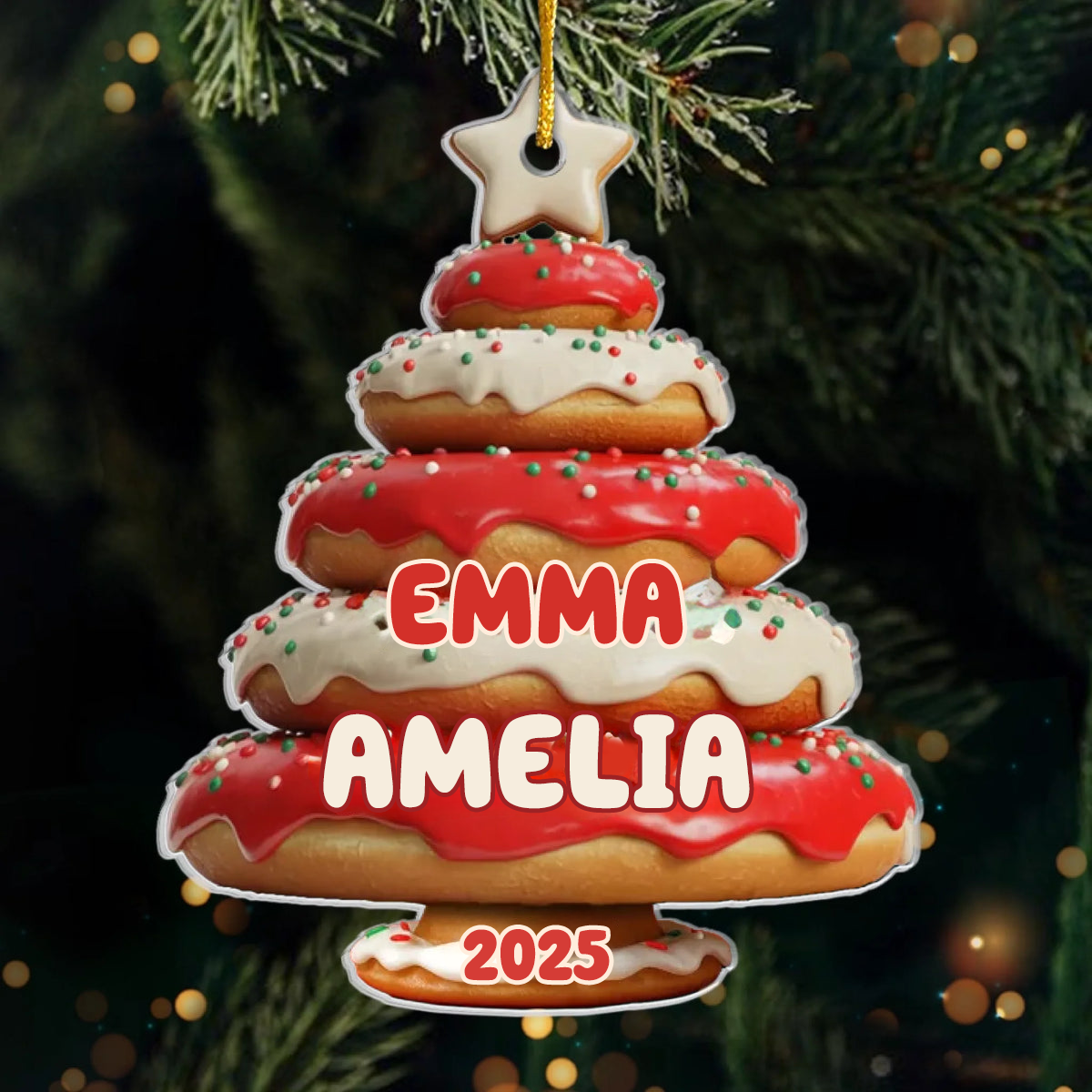Donutbaum-Personalisierter Acrylanhänger mit Namen Christbaumschmuck für Familie