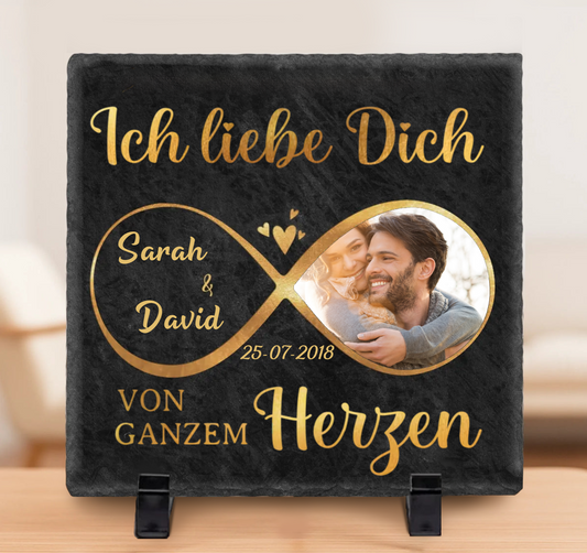 Ich liebe dich - Personalisierte Schieferplatte für Paare mit Unendlichkeitszeichen und Foto