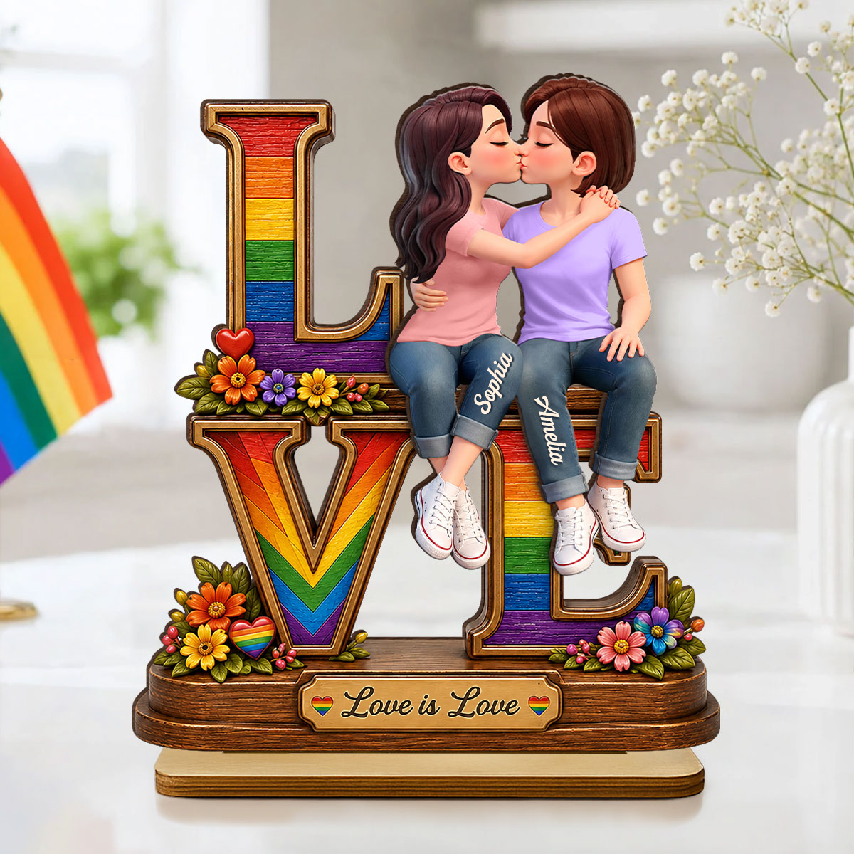 Motiv „Love“ mit Regenbogen - Personalisierter Holzaufsteller mit LGBT-Paar