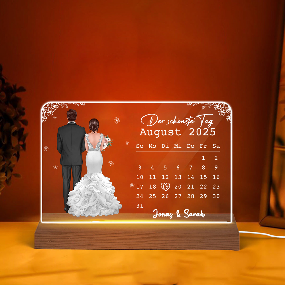 Personalisierte Nachtlicht mit Brautpaar und Kalender Hochzeitsgeschenk