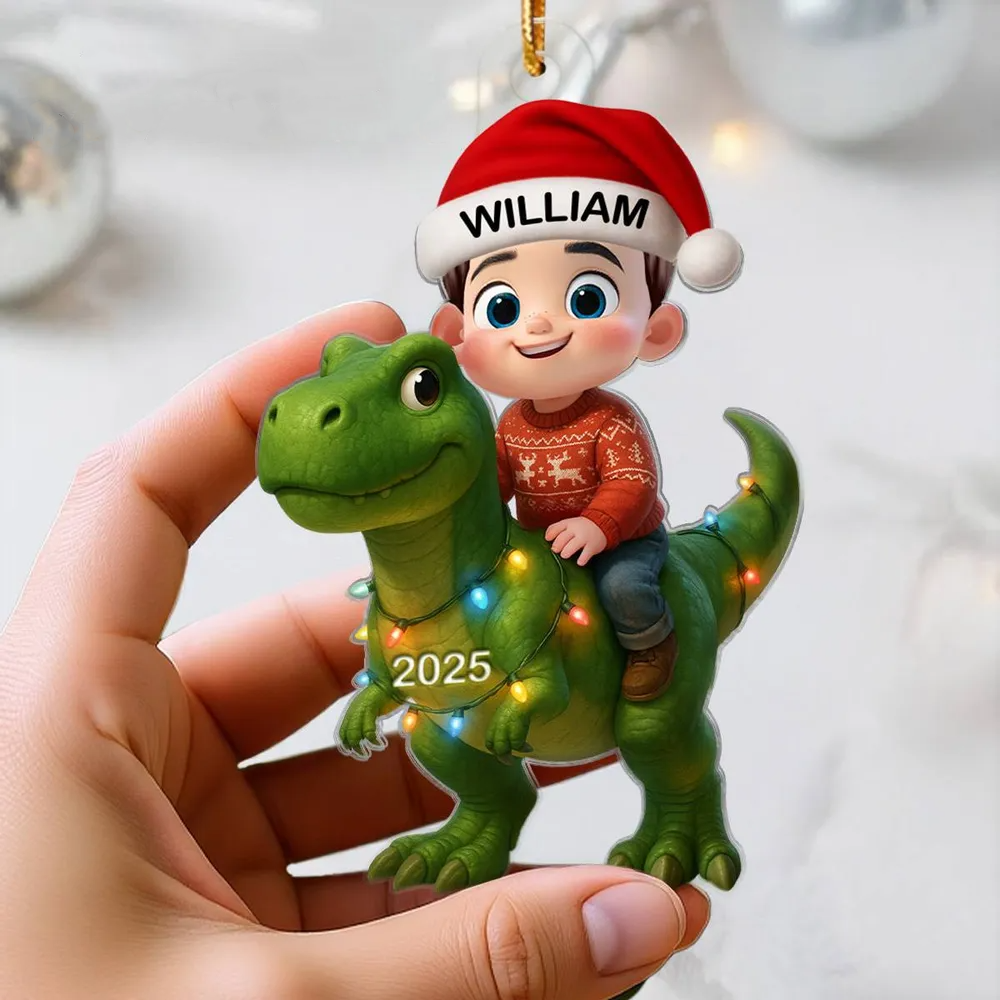 Süßes Kind mit Dinosaurier – Personalisierte Acryl-Weihnachtsanhänger – Lustiges Geschenk für Kinder & Enkel