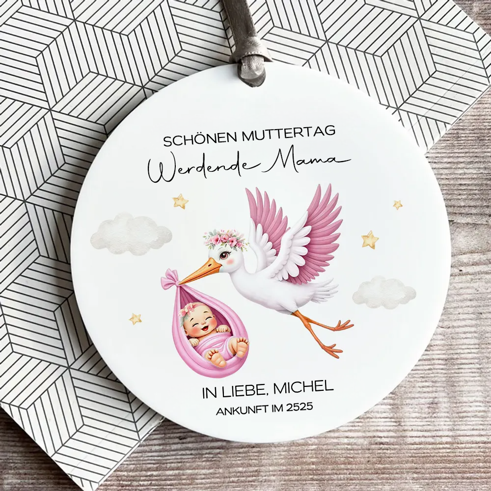 Süßer Storch & Baby – Geschenk für werdende Mamas, personalisierter Keramik-Anhänger