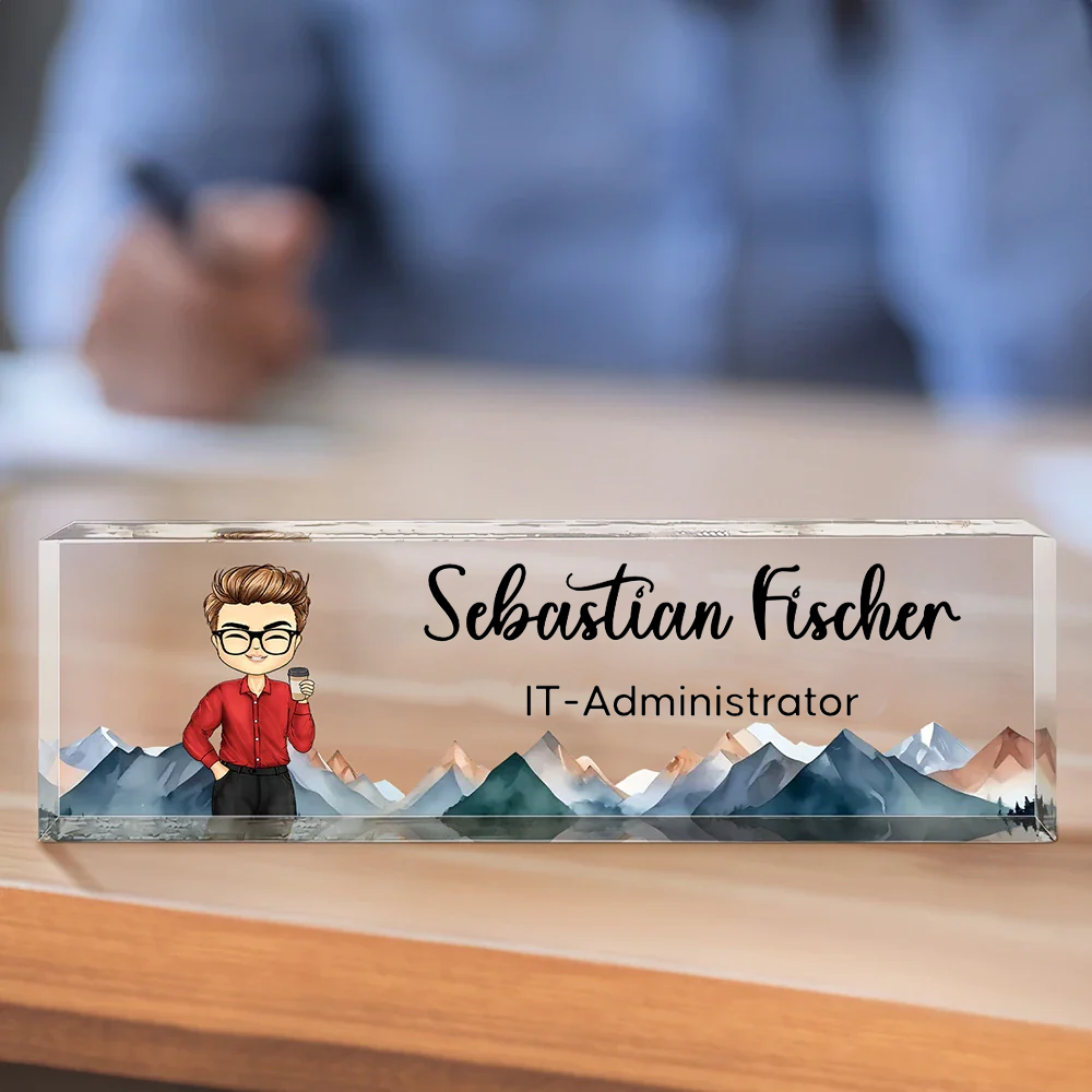 Personalisierter Acrylblock mit Figur, Namensschild für den Schreibtisch Büro-Geschenk für Kolleginnen & Kollegen