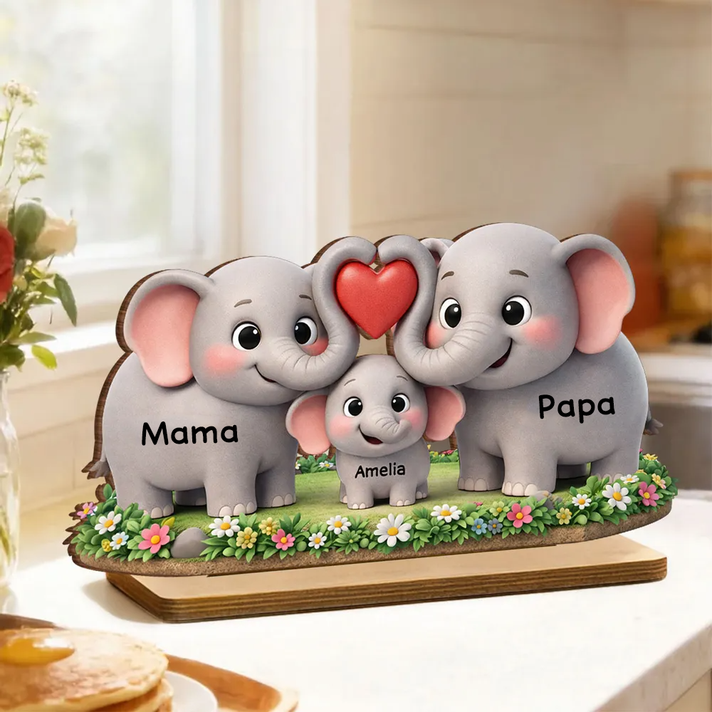 Elefantenfamilie-Personalisierter Holzaufsteller mit Namen Geschenk für Mama und Papa
