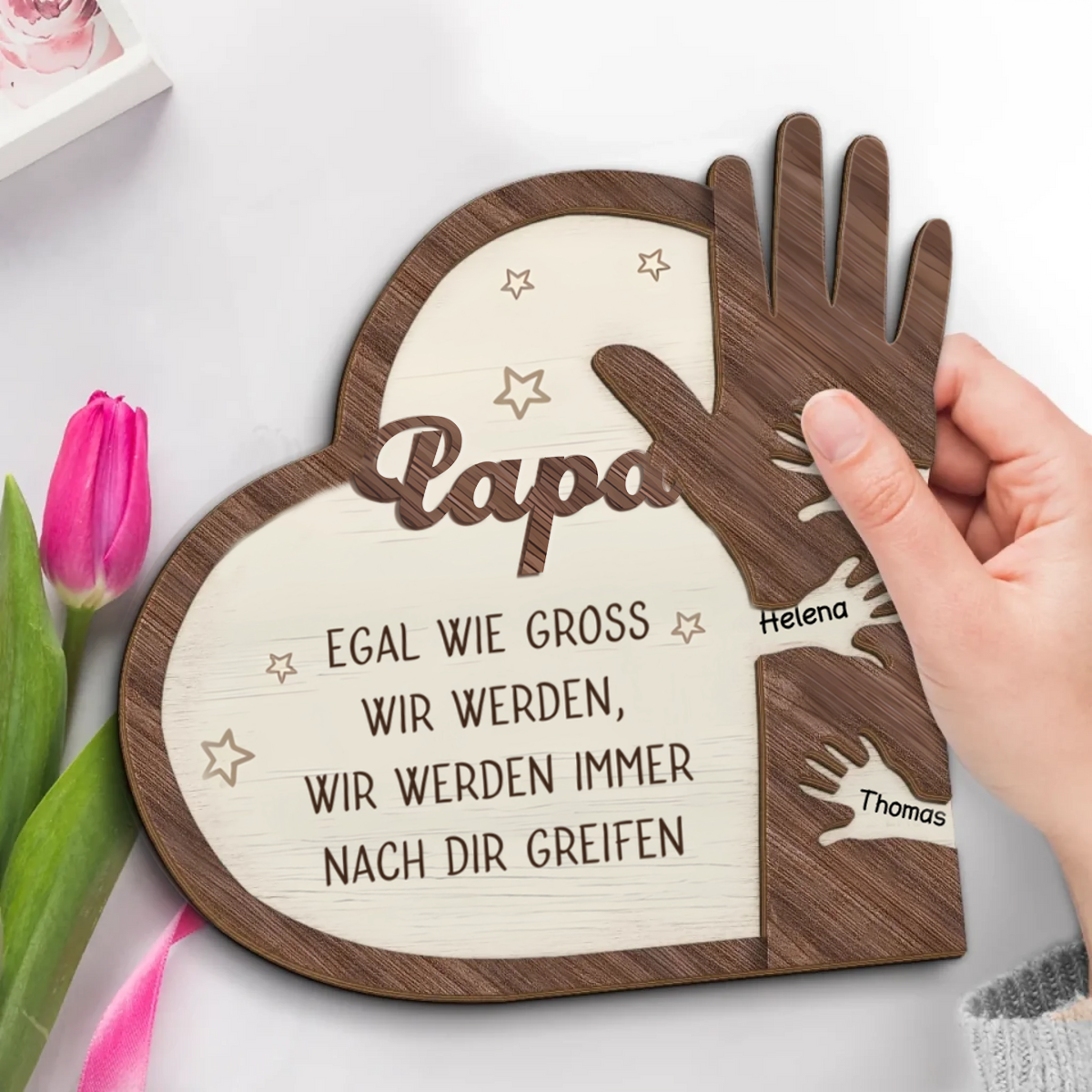 Hand in Hand Personalisierte 2-lagigen Holztafel für Papa