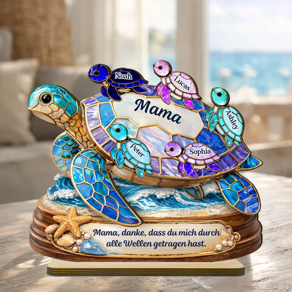 Schildkrötenmama/-oma mit Kindern-Personalisierter Holzaufsteller mit Namen und Text
