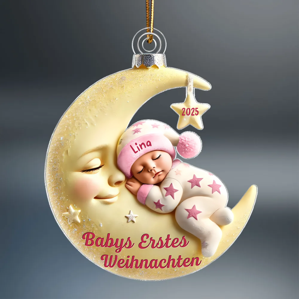Babys erstes Weihnachten – Personalisierter Acryl-Anhänger „Baby auf Mond“