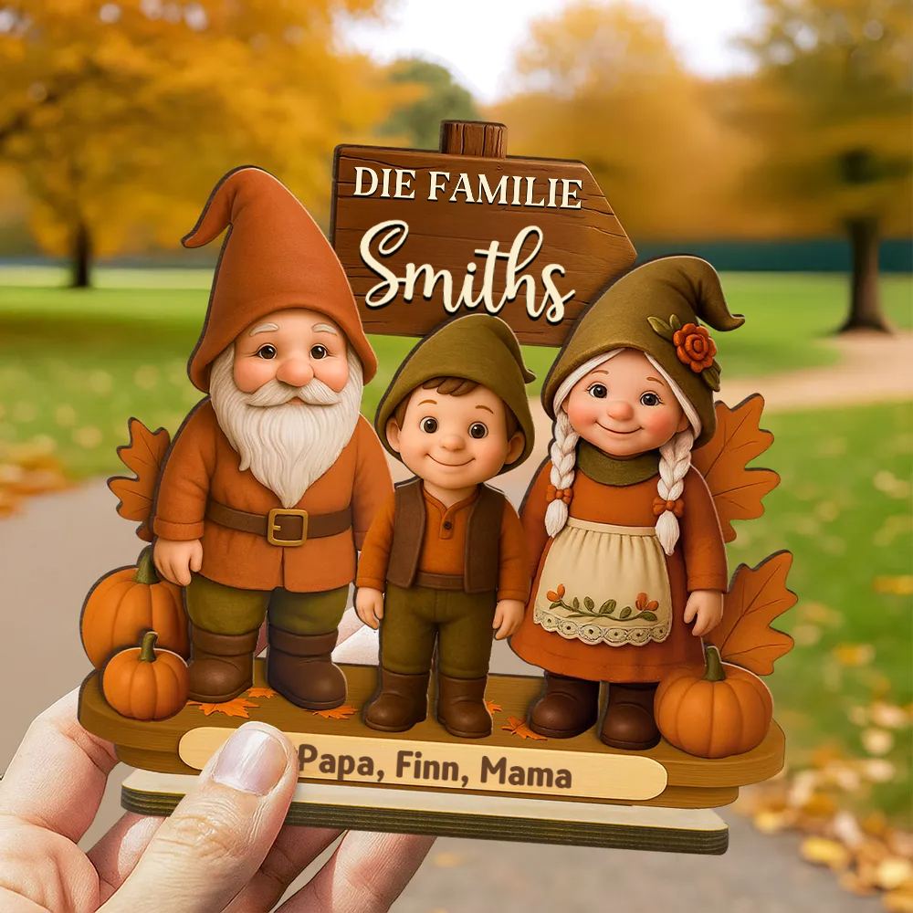 Gnomenfamilie Herbstsaison Holzplakette mit Namen